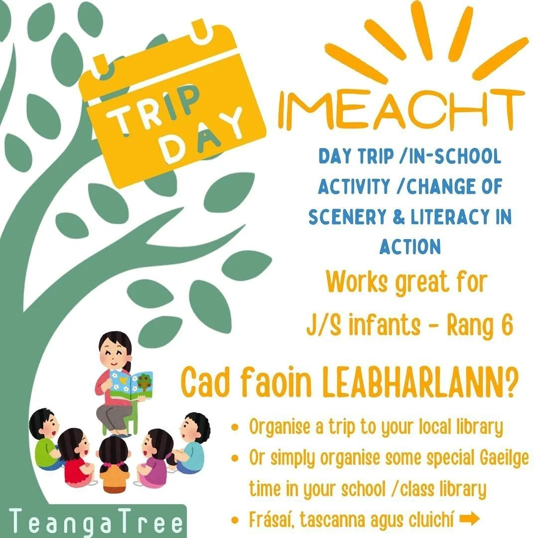 ✨📚 Imeacht - Library Day 📚 ✨A great opportunity for a simple local day-trip or even some fun scheduled leabharlann time in your own school/classroom! Use our helpful phrases for m&uacute;inteoir&iacute; and our ideas for added fun tasks &amp; games