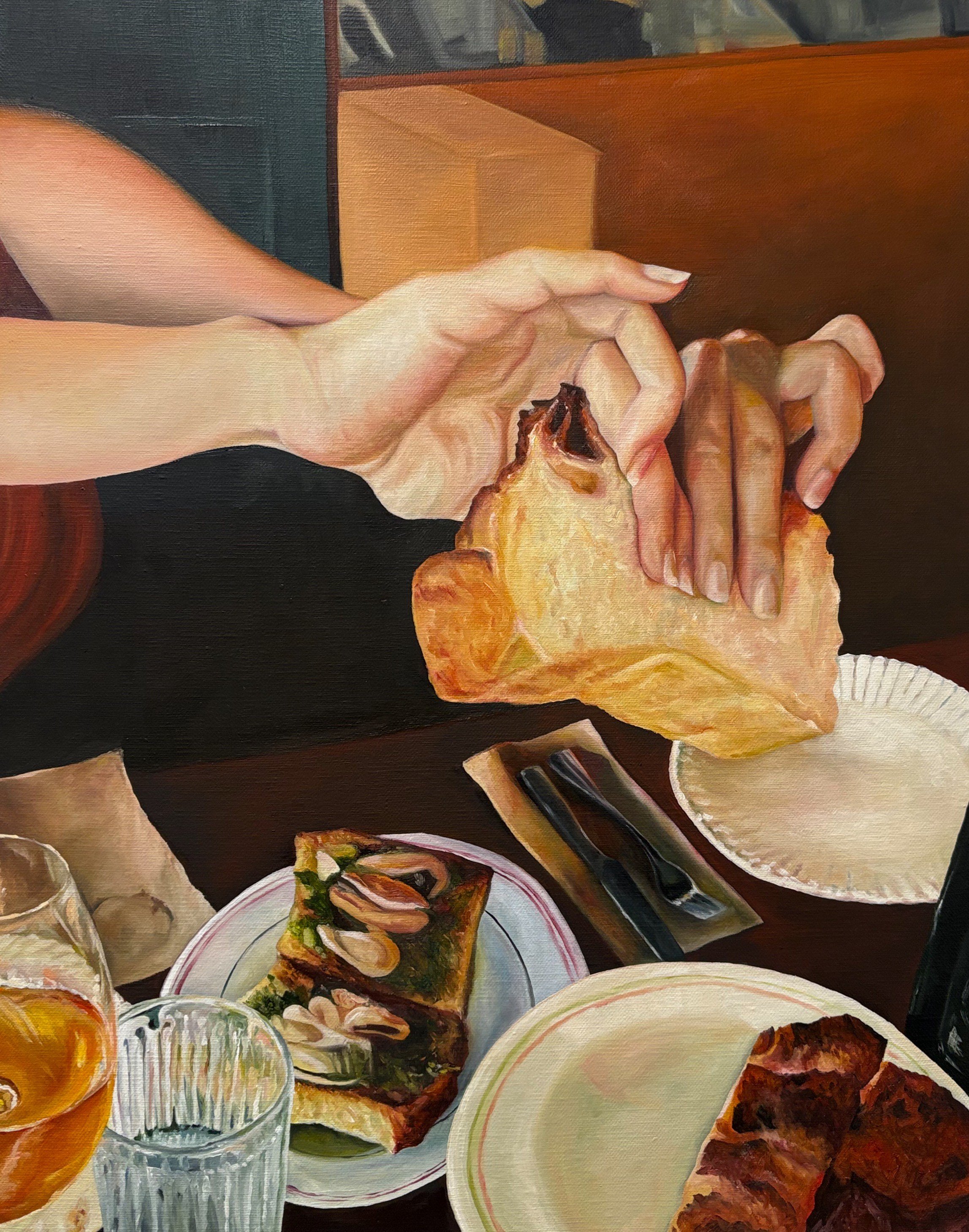 angela, mussels on toast, orange wine and bread
50 x 40, oil on linen, 2025