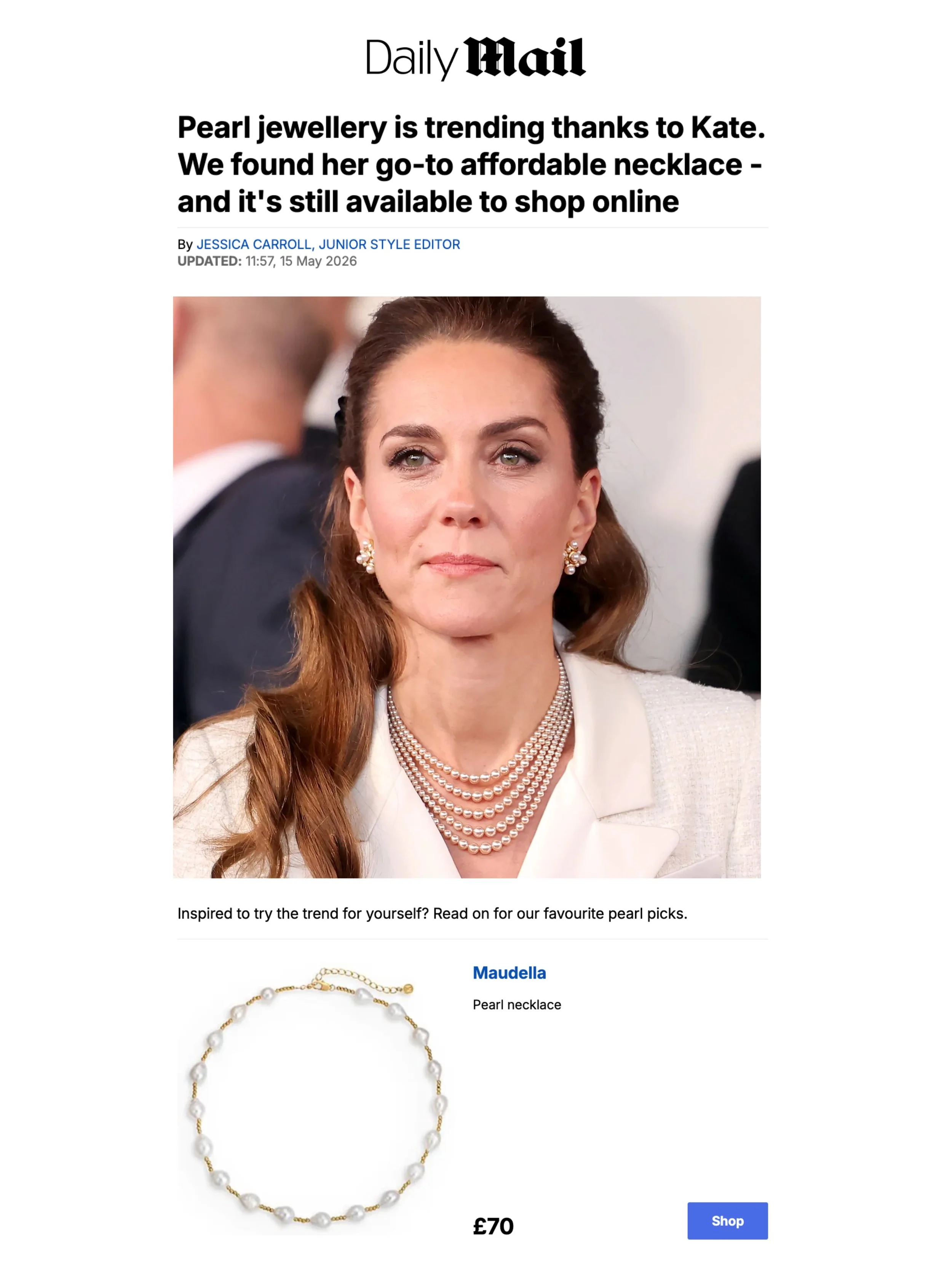 If the Princess of Wales is wearing pearls, we will too! 

The Lily Pearl Beaded choker comes in gold and white gold and is made with freshwater pearls, perfect for elevating your everyday look or for special occasions 

thank you @jessica_carroll