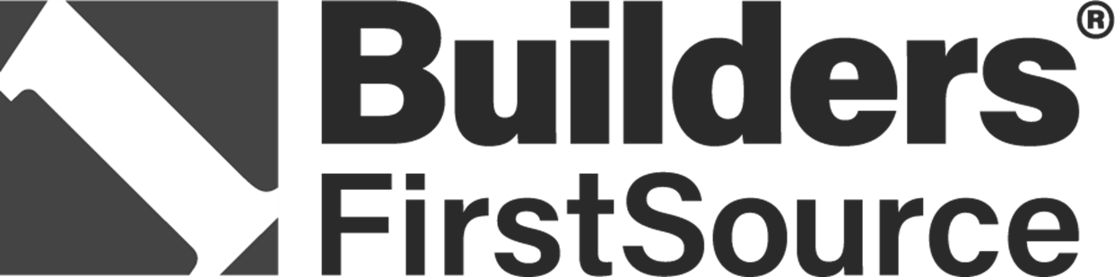 Logo with a gray arrow pointing upwards on a dark background, next to the text 'Builders FirstSource' in bold black letters.