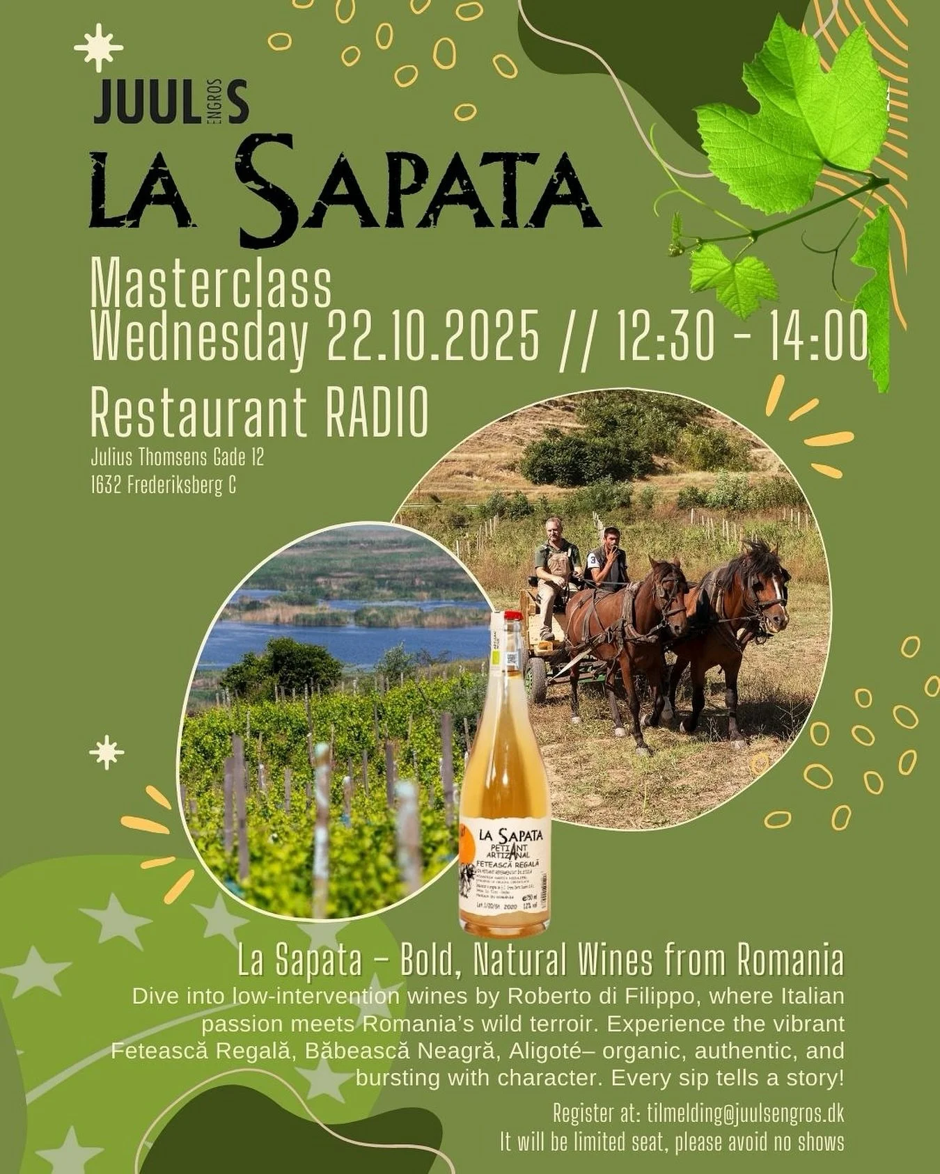 @juulsengros invites to a Masterclass
La Sapata &ndash; Bold, Natural Wines from Romania
Dive into low-intervention wines by Roberto di Filippo, where Italian passion meets Romania&rsquo;s wild terroir. Experience the vibrant Fetească Regală, Băbeasc