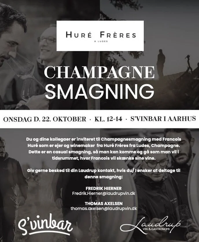 Kom til Champagnesmagning med Fran&ccedil;ois Hur&eacute; &ndash; Hur&eacute; Fr&egrave;res p&aring; Svinbar
Du og jeres kollegaer er inviteret til en champagnesmagning p&aring; Svinbar, hvor Fran&ccedil;ois Hur&eacute;, ejer og winemaker fra Hur&eac