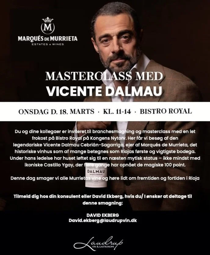 Masterclass med Vicente Dalmau
Onsdag d. 18. marts &middot; kl. 11&ndash;14 &middot; Bistro Royal
Du og dine kollegaer er inviteret til branchesmagning og masterclass med en let frokost p&aring; Bistro Royal p&aring; Kongens Nytorv. Her f&aring;r vi 