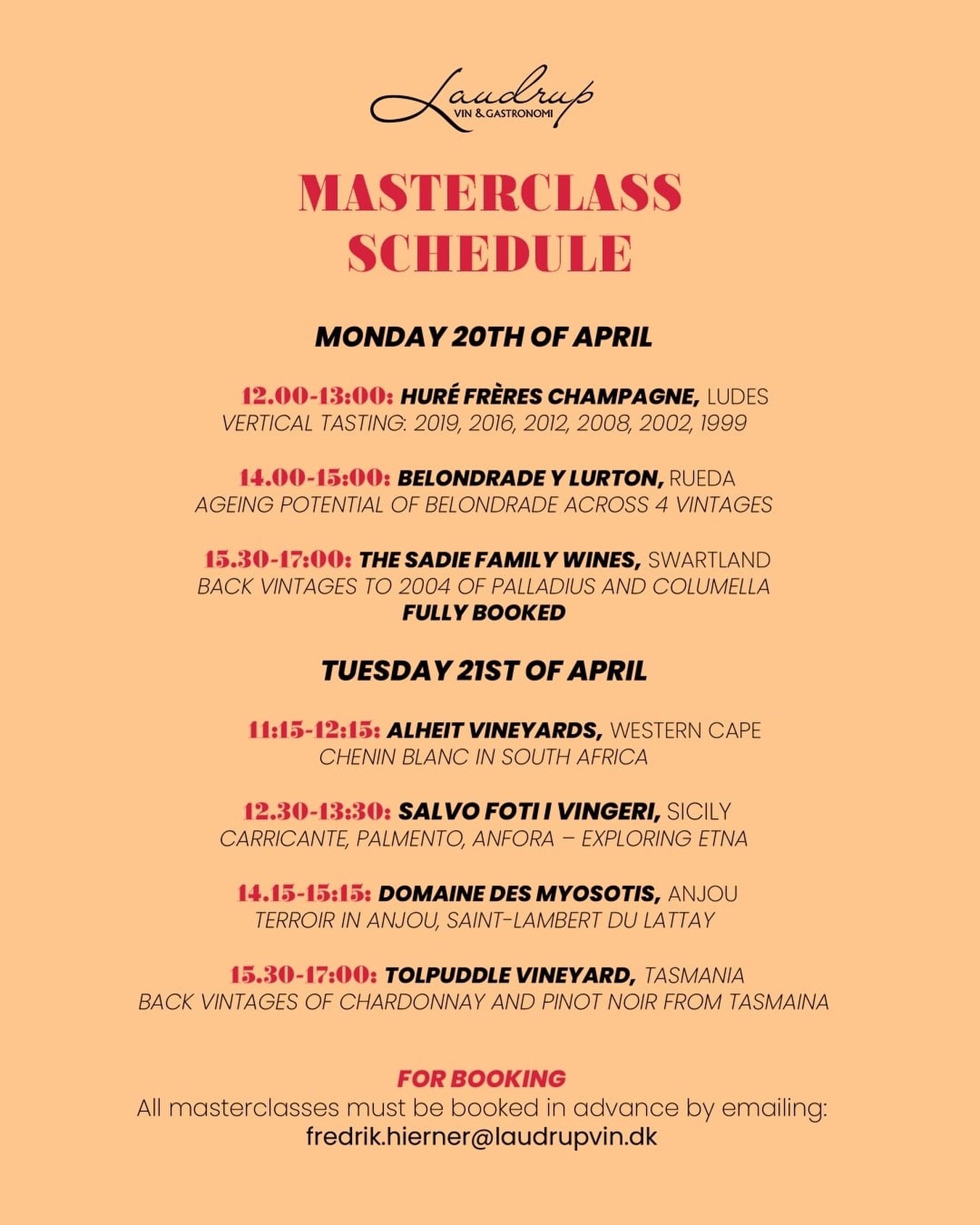 Masterclasses now announced!

Invitation from @laudrupvin : Join an exclusive industry tasting featuring 21 international winemakers across two days in Copenhagen.

Dates:
Monday 20 April &mdash; 11:00&ndash;13:30 / 14:00&ndash;17:00
Tuesday 21 April
