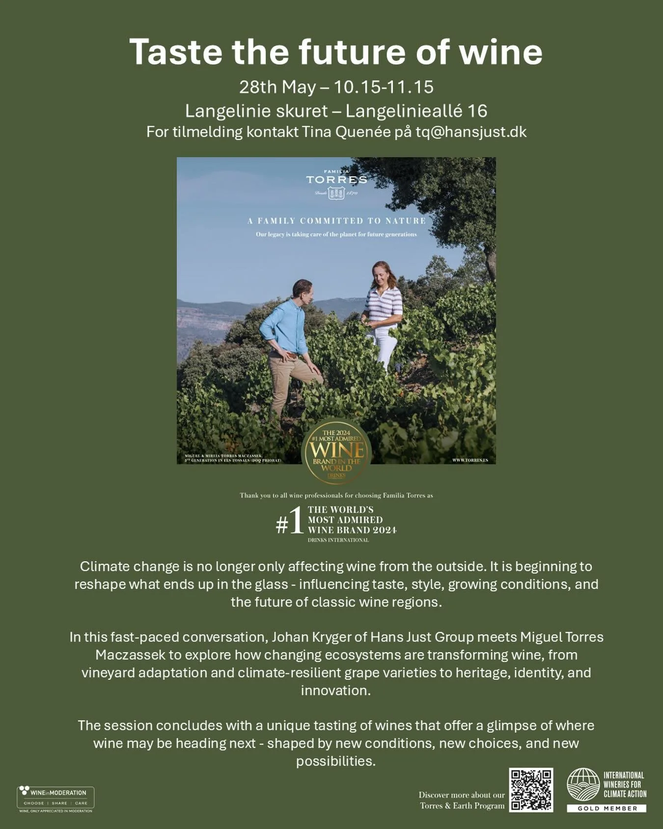 INVITATION: Taste the Future of Wine

Smager vin anderledes i morgen?

Klimaforandringer p&aring;virker ikke l&aelig;ngere kun vinmarken &ndash; men det, der ender i glasset. Smag, stil, druesorter og klassiske regioner er i forandring.

M&oslash;d M