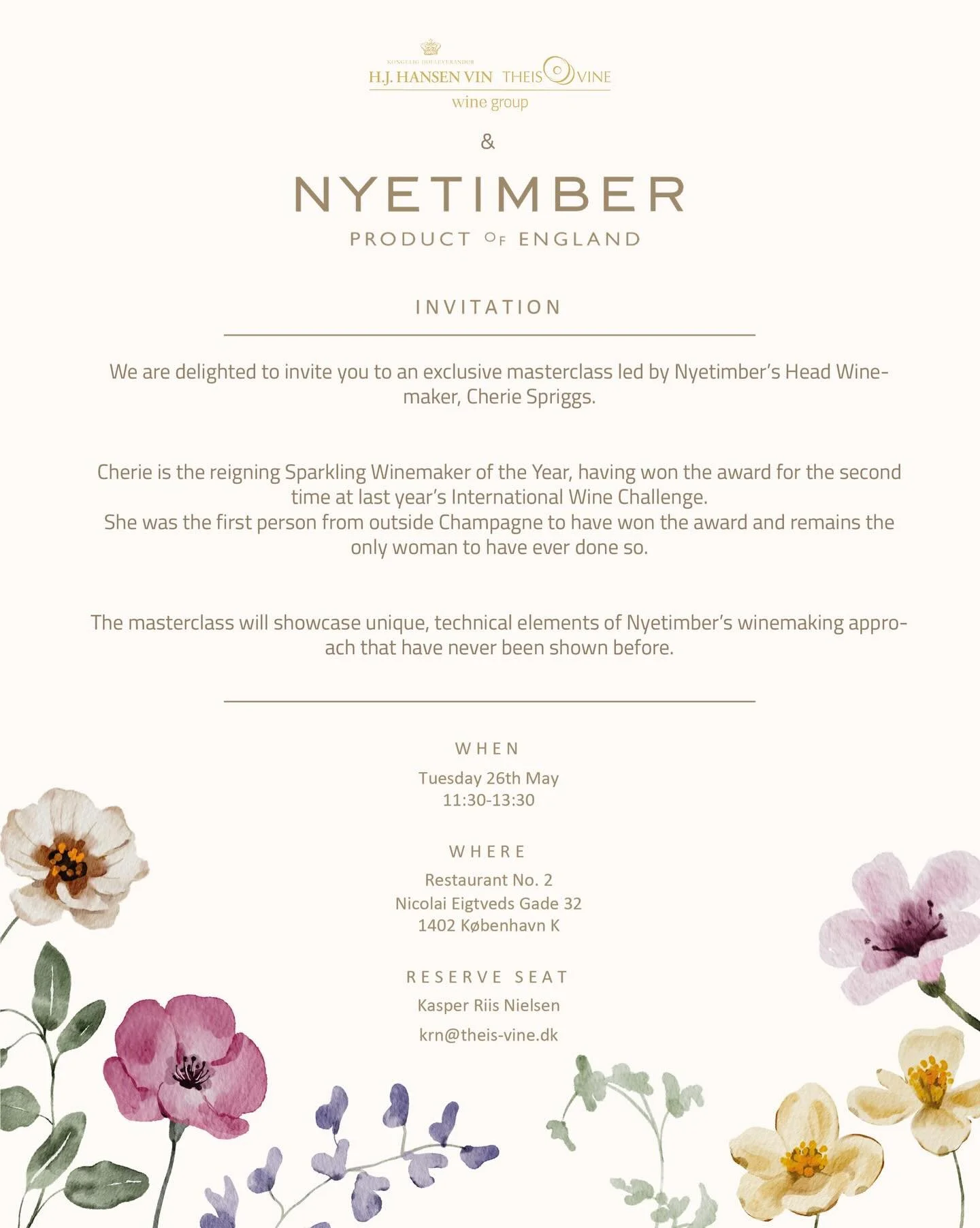 INVITATION: We are delighted to invite you to an exclusive masterclass led by Nyetimber&rsquo;s Head Winemaker, Cherie Spriggs.

Cherie is the reigning Sparkling Winemaker of the Year, having won the award for the second time at last year&rsquo;s Int