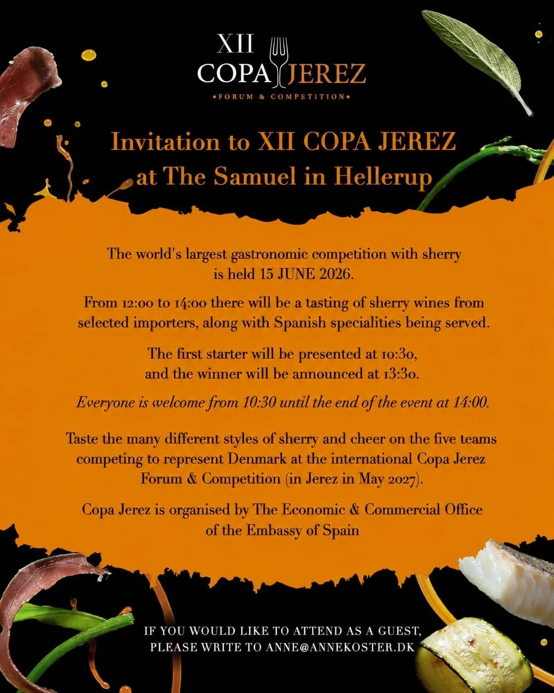 INVITATION: XII COPA JEREZ at The Samuel in Hellerup

The world&rsquo;s largest gastronomic competition with sherry is held on 15 JUNE 2026.

From 12:00 to 14:00 there will be a tasting of sherry wines from selected importers, along with Spanish spec