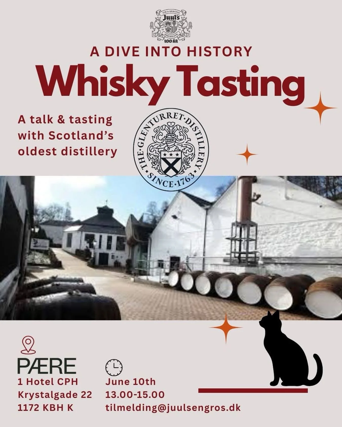 INVITATION: A Dive Into History: Whisky Tasting

A talk &amp; tasting with Scotland&rsquo;s oldest distillery THE GLENTURRET DISTILLERY. 

1 Hotel CPH Krystalgade 22 1172 KBH K
June 10th 13.00&ndash;15.00

tilmelding@juulsengros.dk
