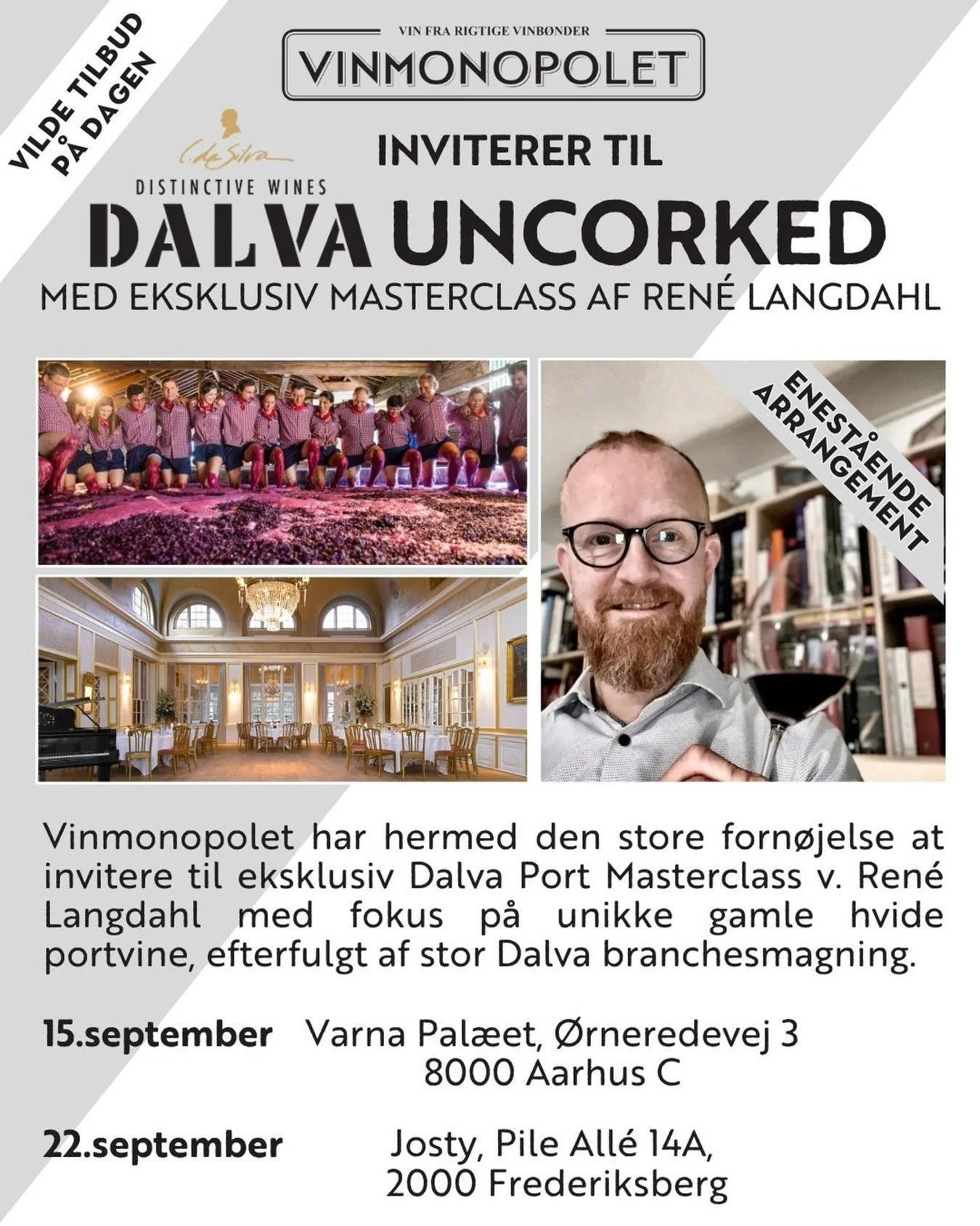 🚨 DALVA UNCORKED &ndash; MASTERCLASS &amp; BRANCHESMAGNING 🍷

Vinmonopolet inviterer til Dalva Uncorked &ndash; en eksklusiv dag med Dalva Port, hvor vi s&aelig;tter fokus p&aring; husets portvine og dykker s&aelig;rligt ned i en r&aelig;kke unikke