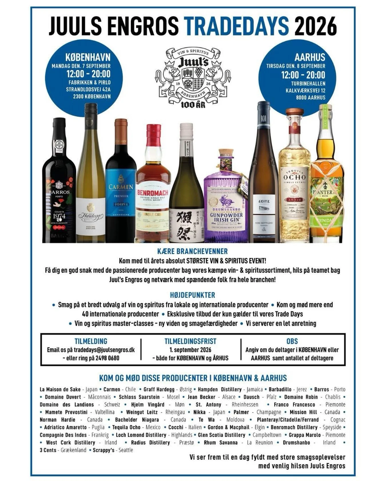INVITATION: JUULS ENGROS TRADEDAYS 2026

Meet the passionate people behind our extensive wine and spirits selection. Meet our dedicated producers and network with others from across the industry! We will be sending out updates, masterclass schedules,
