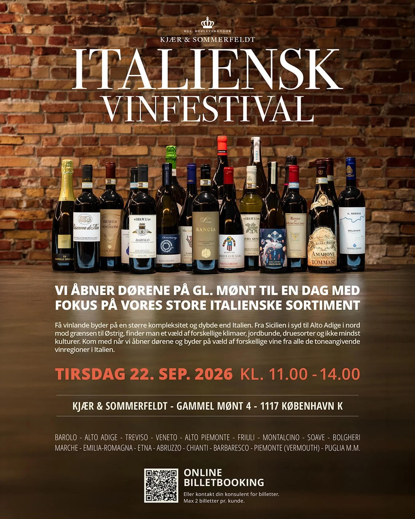 INVITATION: ITALIAN WINE FESTIVAL by KJ&AElig;R &amp; SOMMERFELDT

Few wine-producing countries offer greater complexity and diversity than Italy. From Sicily in the south to Alto Adige in the north, bordering Austria, you find a wealth of different 