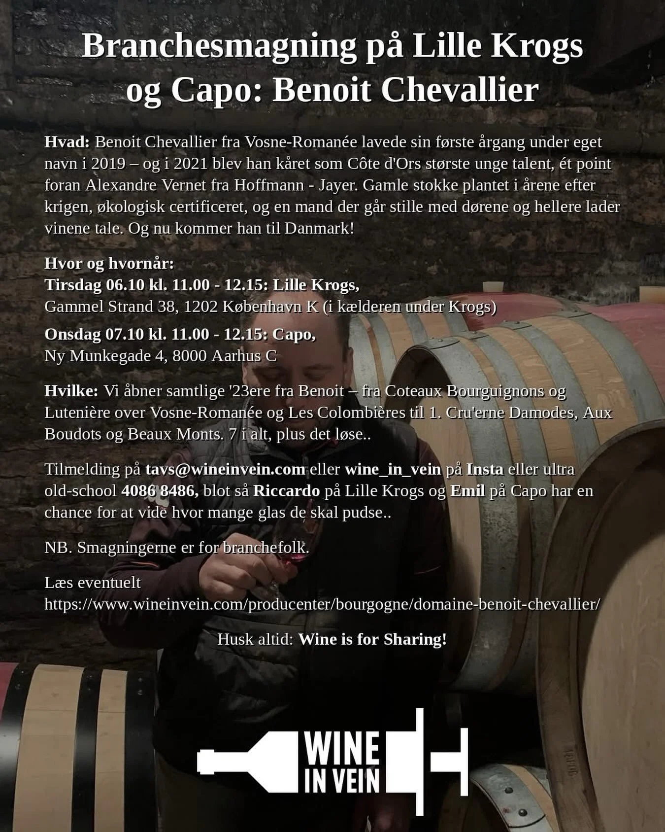 INVITATION: Producer Tasting at Lille Krogs &amp; Capo: Benoit Chevallier

Benoit Chevallier from Vosne-Roman&eacute;e made his first vintage under his own name in 2019 &ndash; and in 2021 he was named C&ocirc;te d&rsquo;Or&rsquo;s greatest young tal