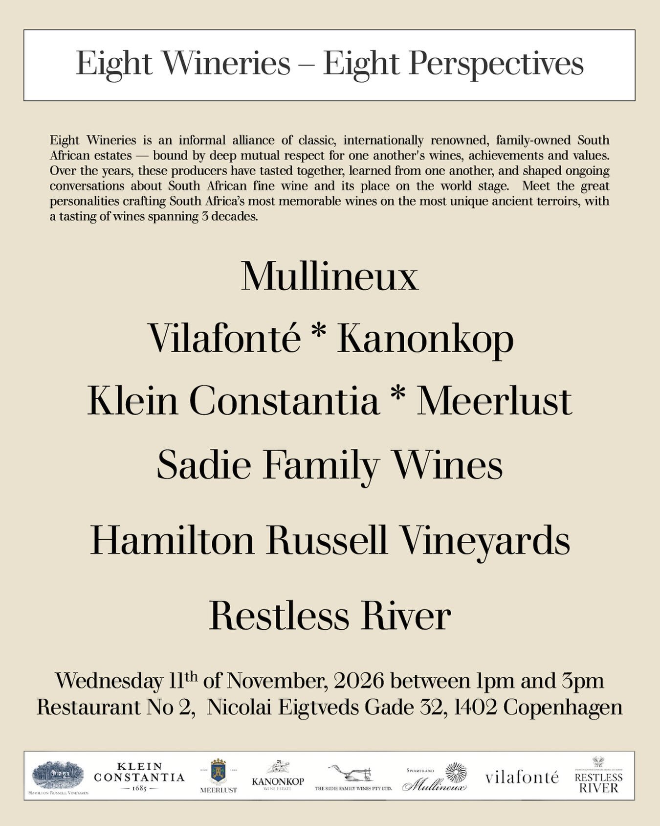 INVITATION: Eight Wineries &ndash; Eight Perspectives

Eight Wineries is an informal alliance of classic, internationally renowned, family-owned South African estates &mdash; bound by deep mutual respect for one another&rsquo;s wines, achievements an