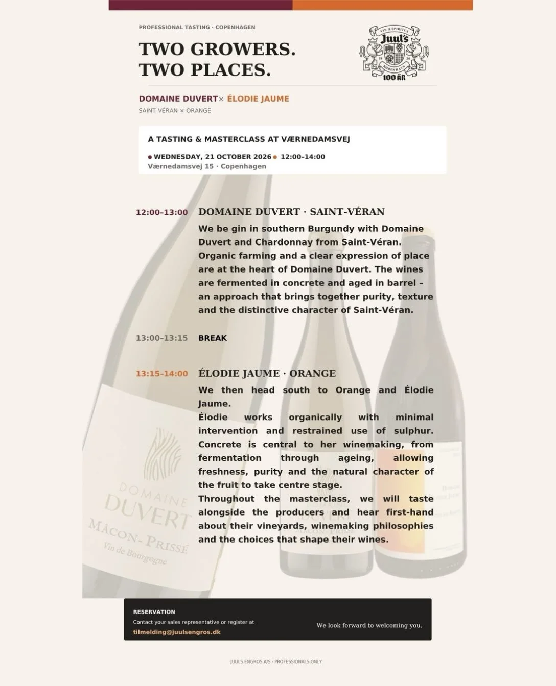 INVITATION: COPENHAGEN: TWO GROWERS, TWO PLACES

DOMAINE DUVERT &times; &Eacute;LODIE JAUME
SAINT-V&Eacute;RAN &times; ORANGE

A TASTING &amp; MASTERCLASS AT V&AElig;RNEDAMSVEJ
Wednesday, 21 October 2026 &middot; 12:00&ndash;14:00
V&aelig;rnedamsvej 
