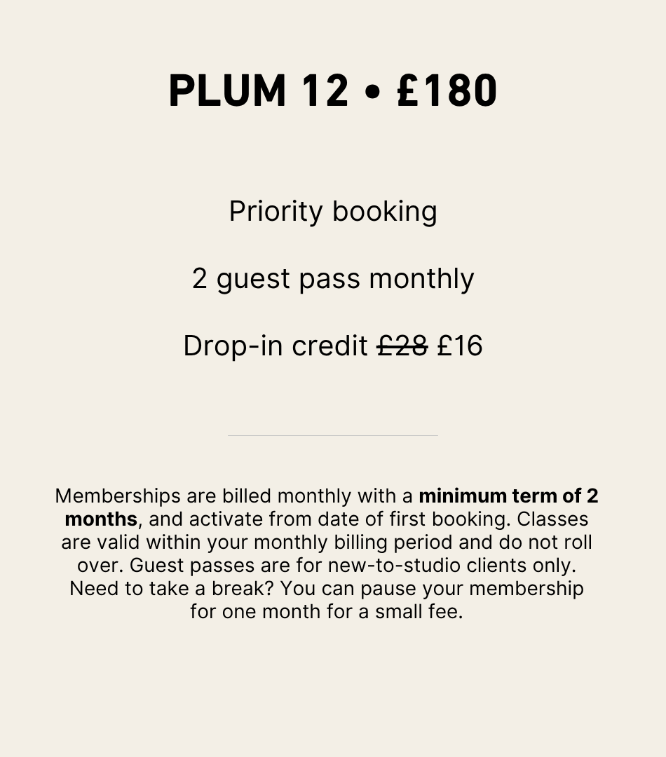 PLUM 12 membership pricing card: £180 per month for 12 reformer Pilates classes.