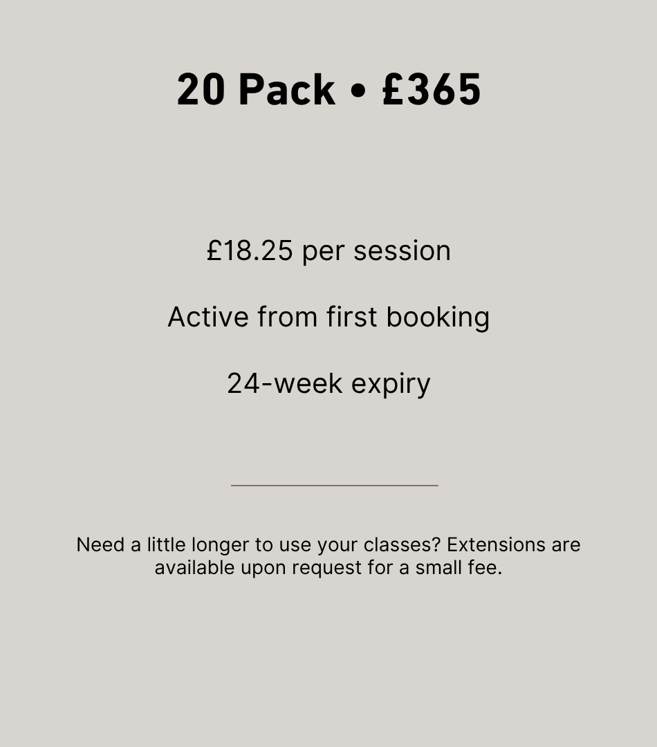 Pricing details for a 20-pack of classes at £365, costing £18.25 per session, active from first booking with a 24-week expiry. Extensions available for an additional fee.