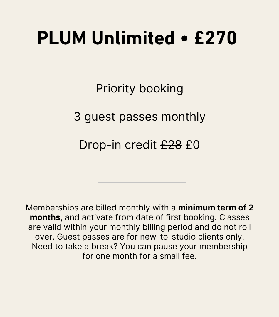 Pricing and membership details for PLUM Unlimited, including a fee of 270 pounds, priority booking, three guest passes per month, and a free drop-in credit replacing a previous fee of 28 pounds. Additional information about billing terms, class validity, guest pass usage, and membership pauses.