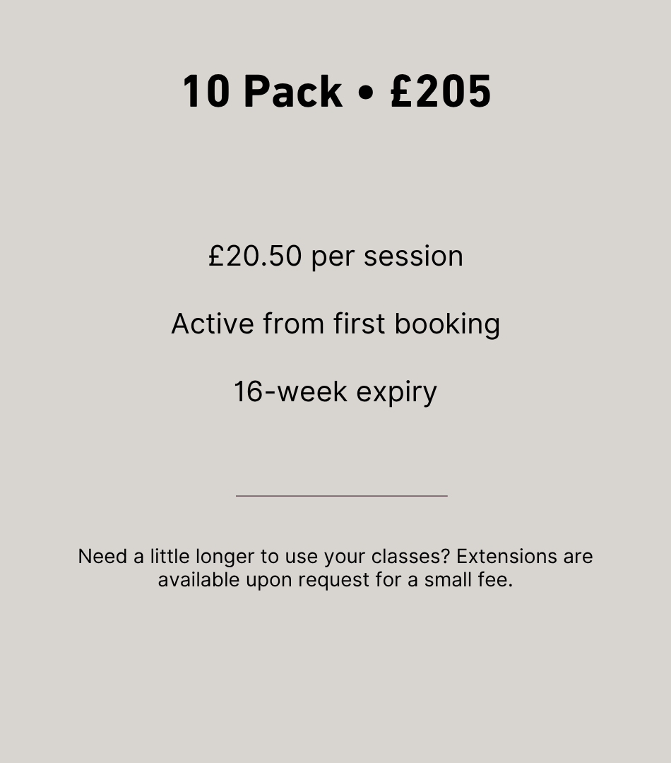 10-pack class bundle pricing card: £205 (£20.50 per session) for reformer Pilates at PLUM, 16-week expiry.