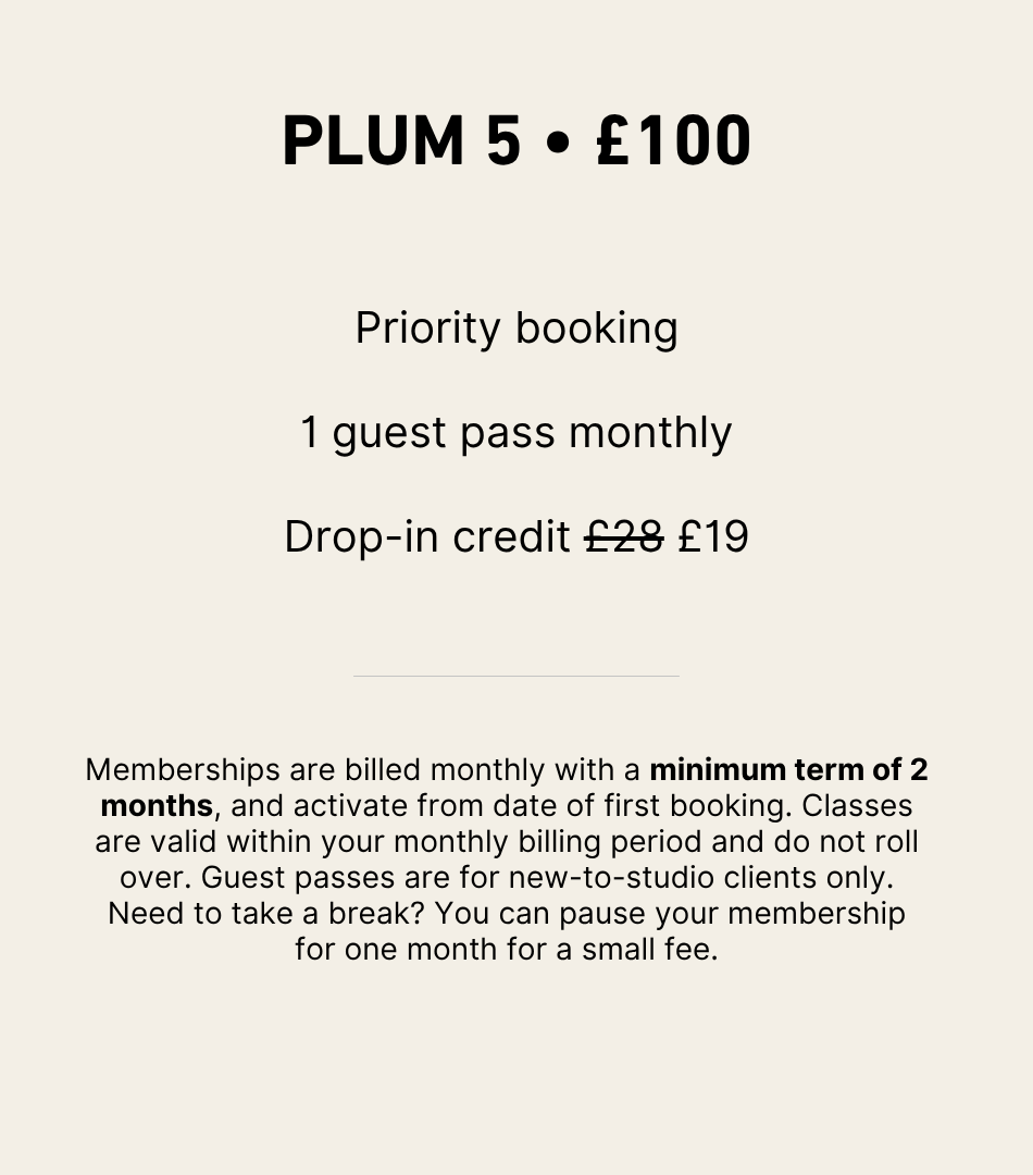 Pricing and membership details for a studio or gym, including options for priority booking, guest passes, and drop-in credit, with prices in British pounds.
