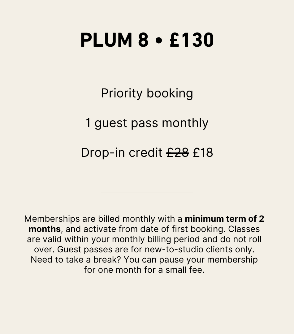 PLUM 8 membership pricing card: £130 per month for 8 reformer Pilates classes.