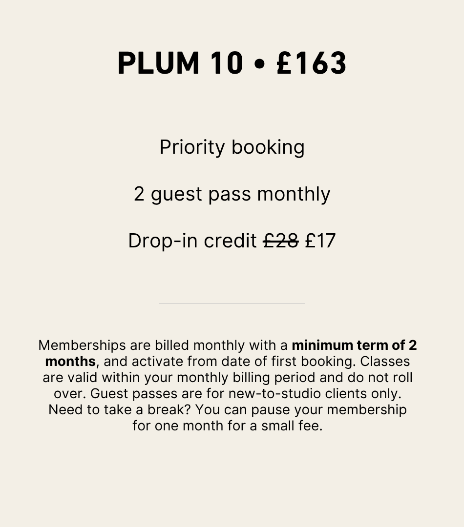 PLUM 10 membership pricing card: £163 per month for 10 reformer Pilates classes.