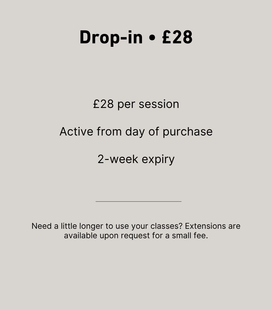 Drop-in single class pricing card: £28 per reformer Pilates session at PLUM, valid two weeks.
