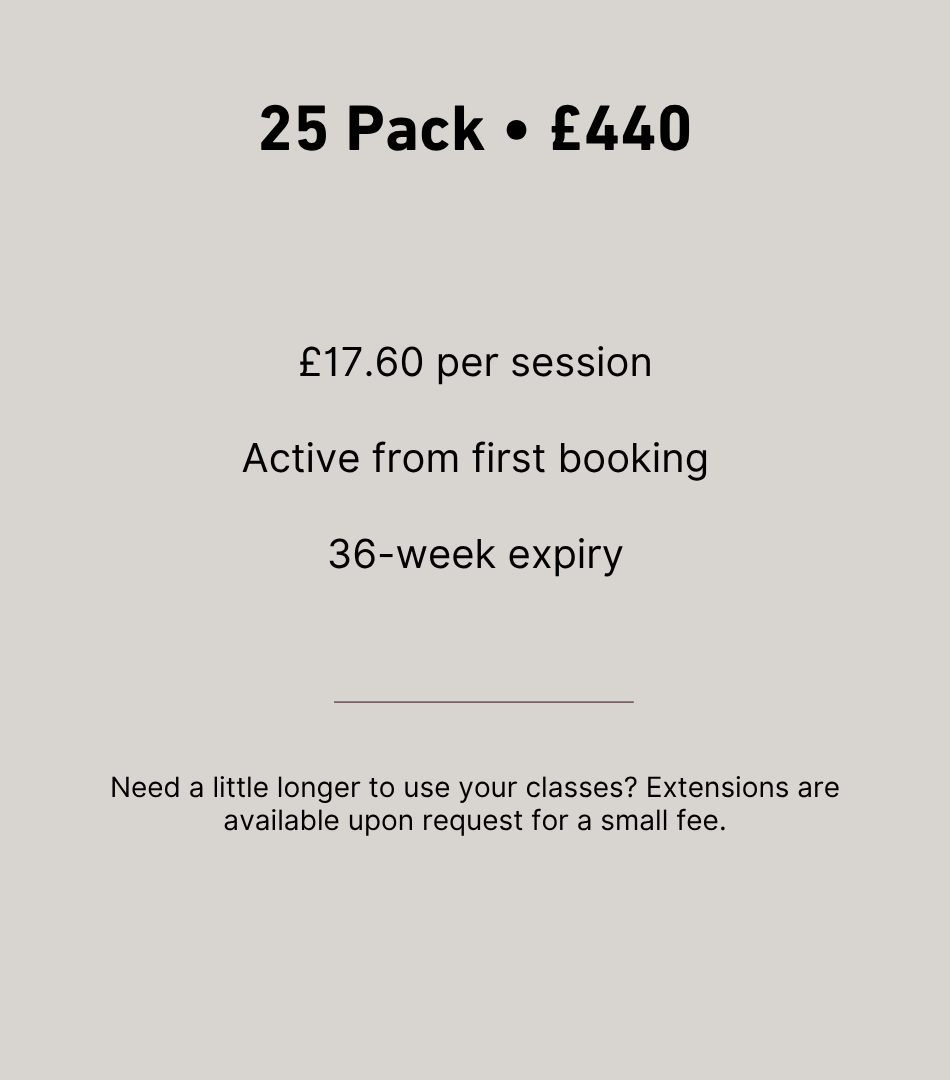 Pricing information for a 25-pack of classes costing 440 British pounds, with a session cost of 17.60 pounds, active from the first booking, with a 36-week expiry, and a note about extensions available upon request.