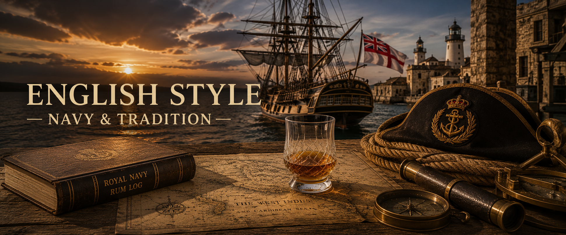 A nautical-themed scene at sunset with a ship docked by historic buildings, and a table displaying a black British naval cap, a glass of liquor, a leather-bound book titled 'Royal Navy Rum Log', a vintage map, and navigation instruments, emphasizing English naval style, navy, and tradition.