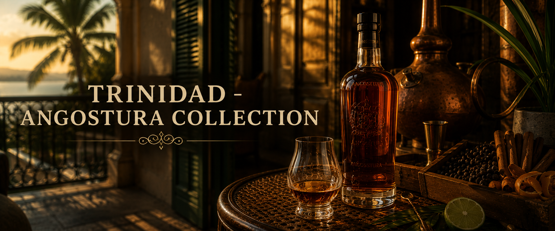 A tropical scene with a table holding a bottle of Angostura rum, a glass of rum, lime, and cigars, set beside a wooden railing overlooking a sunset and palm trees, with text reading "Trinidad - Angostura Collection."