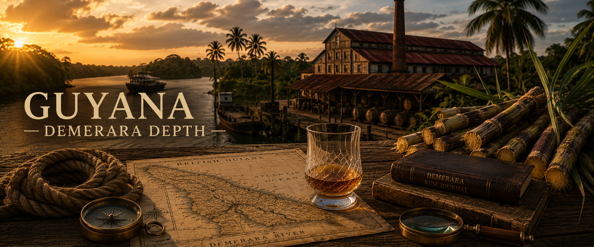 Sunset over the Demerara River in Guyana, with a historic warehouse, palm trees, and a boat in the background. Foreground includes a map of Guyana, a glass of rum, a rope, a compass, a rum journal, and sugarcane.