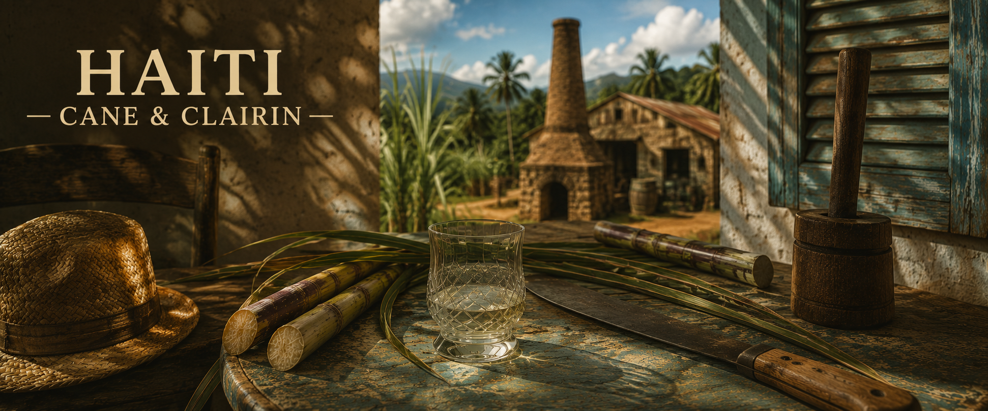 A rustic outdoor scene featuring sugarcane processing tools on a weathered wooden table, with a background of a stone building, palm trees, and mountains, under a partly cloudy sky.