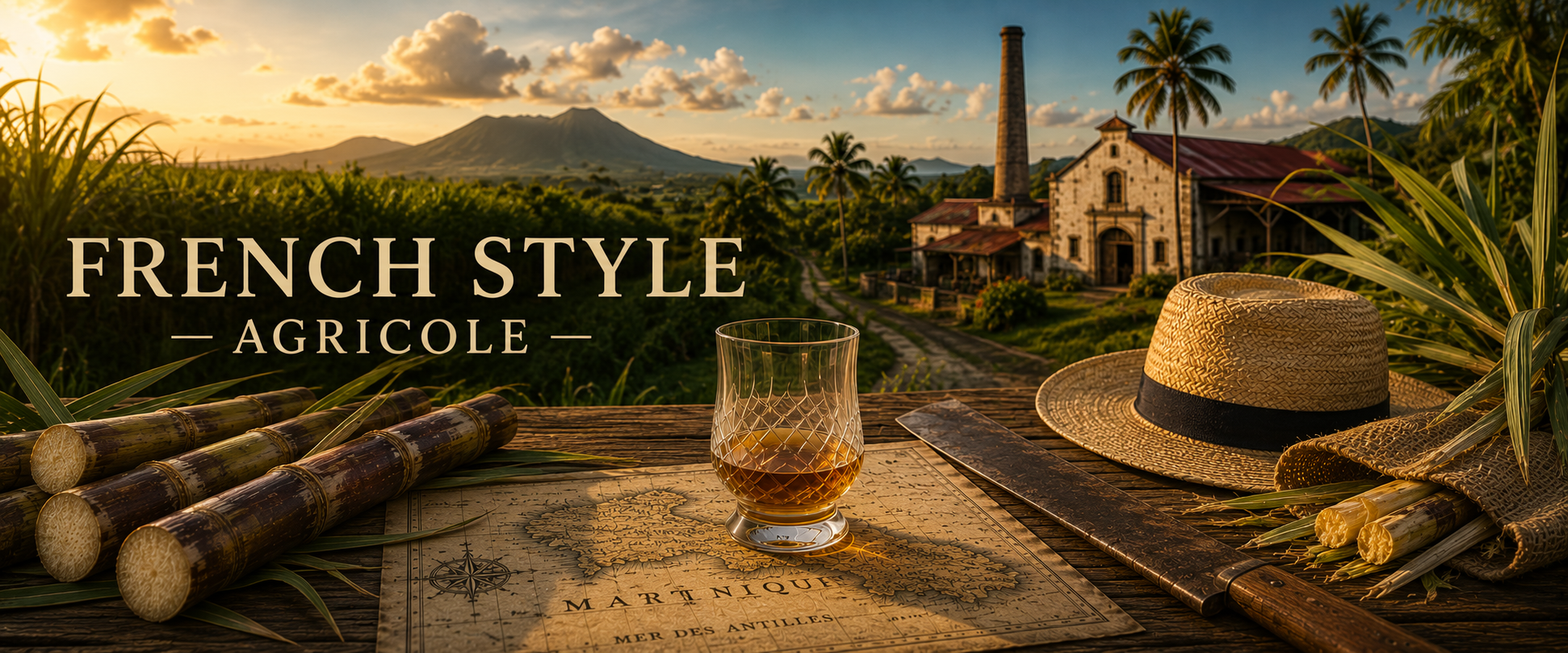 A scenic outdoor view with palm trees, a mountain, and a rustic building at sunset, featuring a table with a glass of whiskey, a straw hat, sugarcane stalks, a knife, and a map of Martinique, promoting French style agricole.