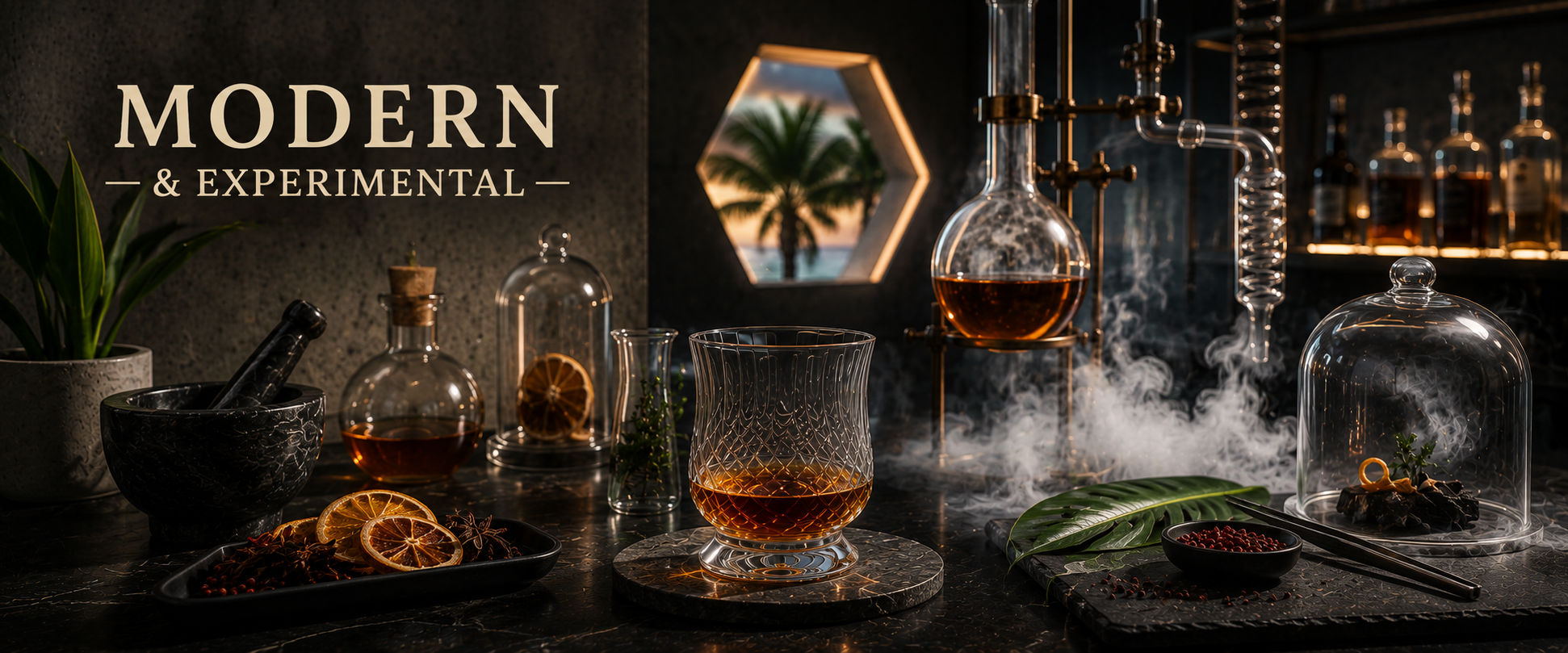 A modern experimental laboratory with glassware, herbs, dried citrus slices, and a drink, featuring a dark background with a window showing a sunset and palm tree.