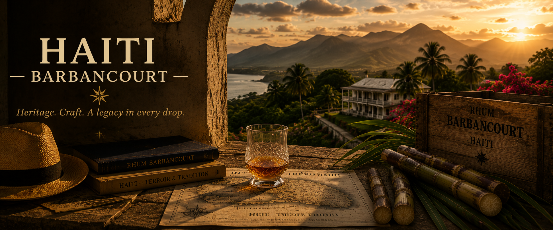 A scenic view of a sunset over mountains and tropical trees seen from a balcony with a wooden railing. On the balcony, there are books, a glass of rum, a straw hat, a map of Haiti, and a wooden box labeled Craft Rhum Barancourt Haiti. Bright pink flowers and a white colonial-style building are also visible amidst lush greenery.