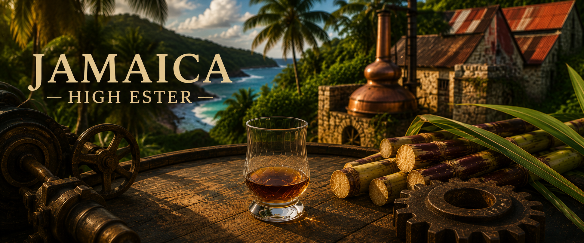 A tropical outdoor scene in Jamaica with a glass of rum, sugarcane, and vintage machinery on a wooden table, overlooking lush green hills and the ocean during sunset.