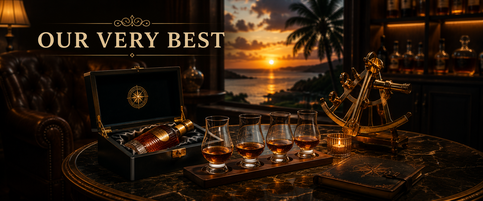 Luxurious room with a sunset view overlooking water and palm trees. On a marble table are four glasses of amber-colored liquor, a telescope, a lit candle, a closed notebook with a compass on it, and a box containing a bottle of liquor. The room has warm lighting and elegant decor, including a leather sofa and shelves of bottles.
