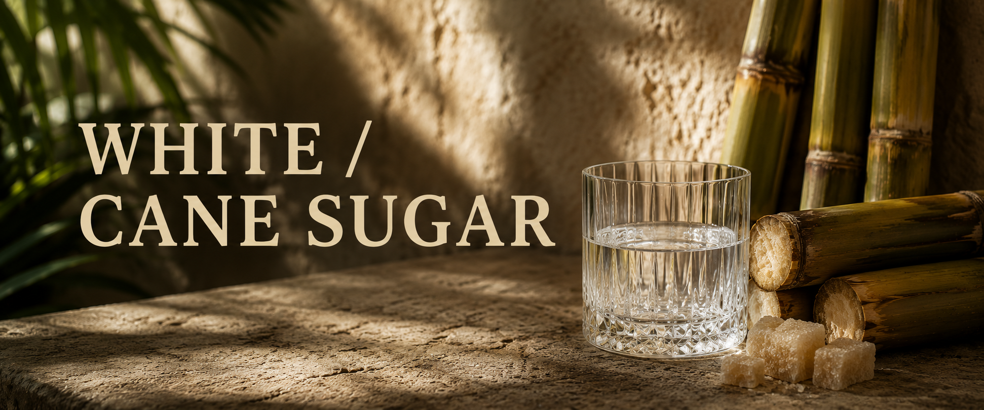 A glass of water, a bundle of sugarcane stalks, and some sugar cubes placed on a stone surface with text overlay that reads "White / Cane Sugar."