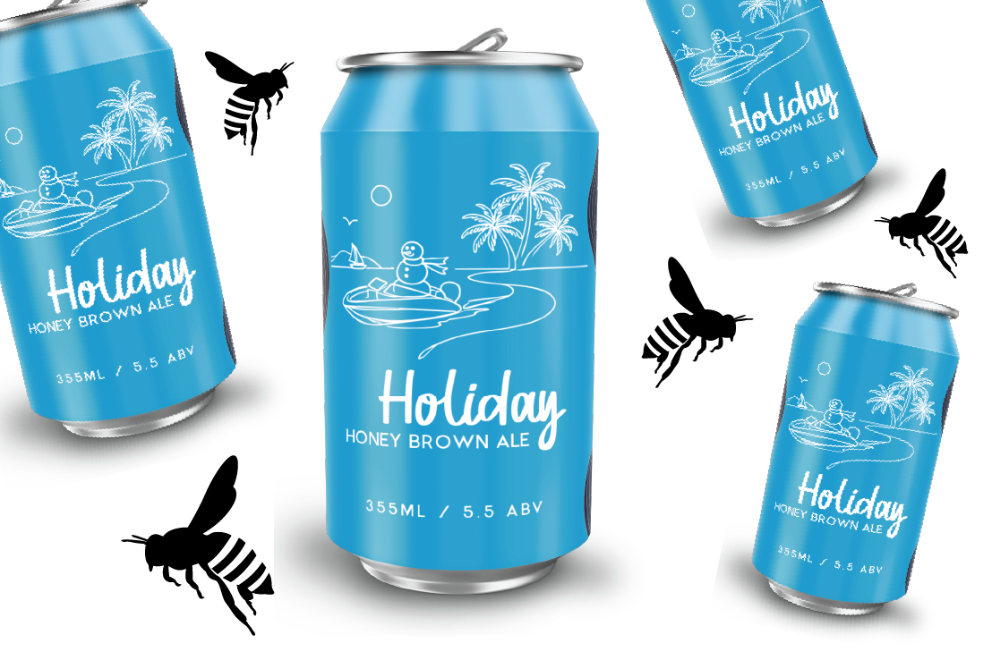 Multiple cans of blue beer labeled "Holiday Honey Brown Ale" with a tropical island scene, a sailboat, and a snowman, along with black and white bee illustrations.