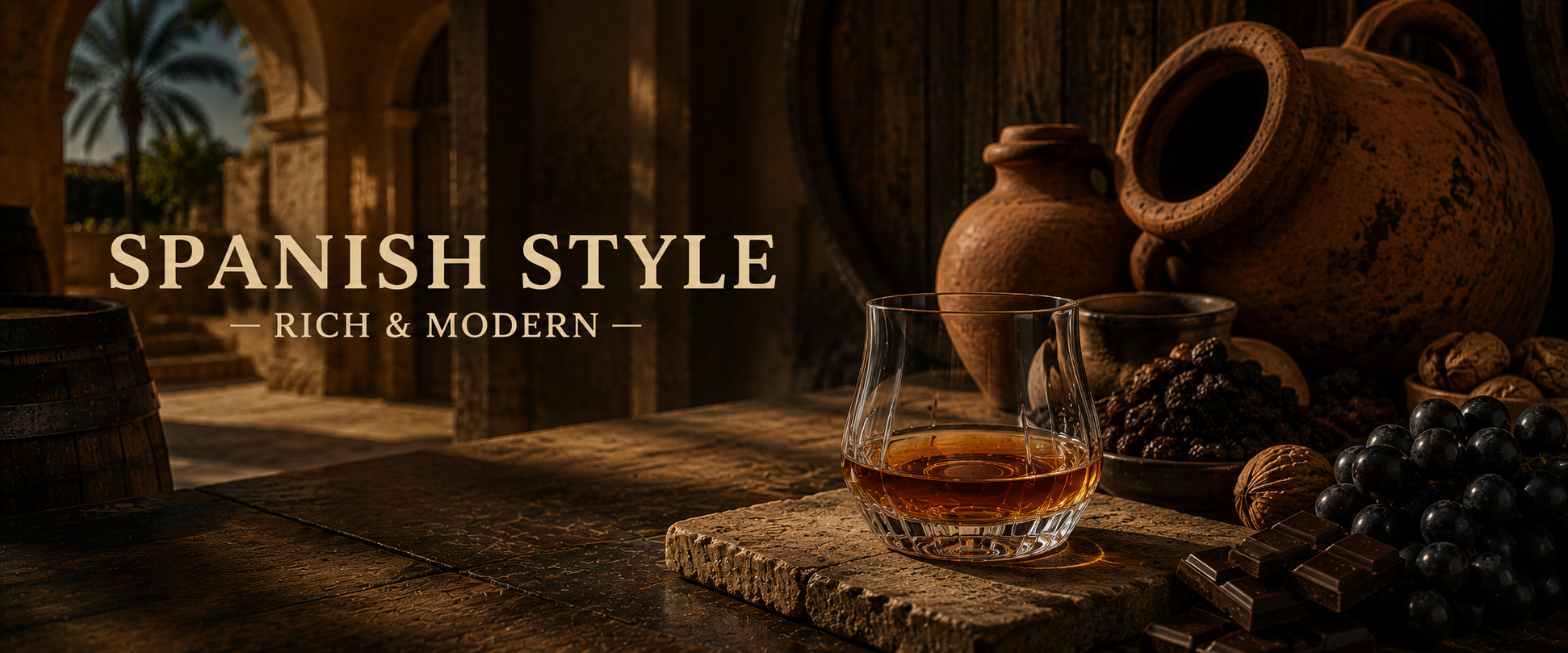 Close-up of a glass of dark liquor on a rustic wooden table with Spanish-style pottery, grapes, and chocolate in the background; text overlay says 'Spanish Style Rich & Modern'.