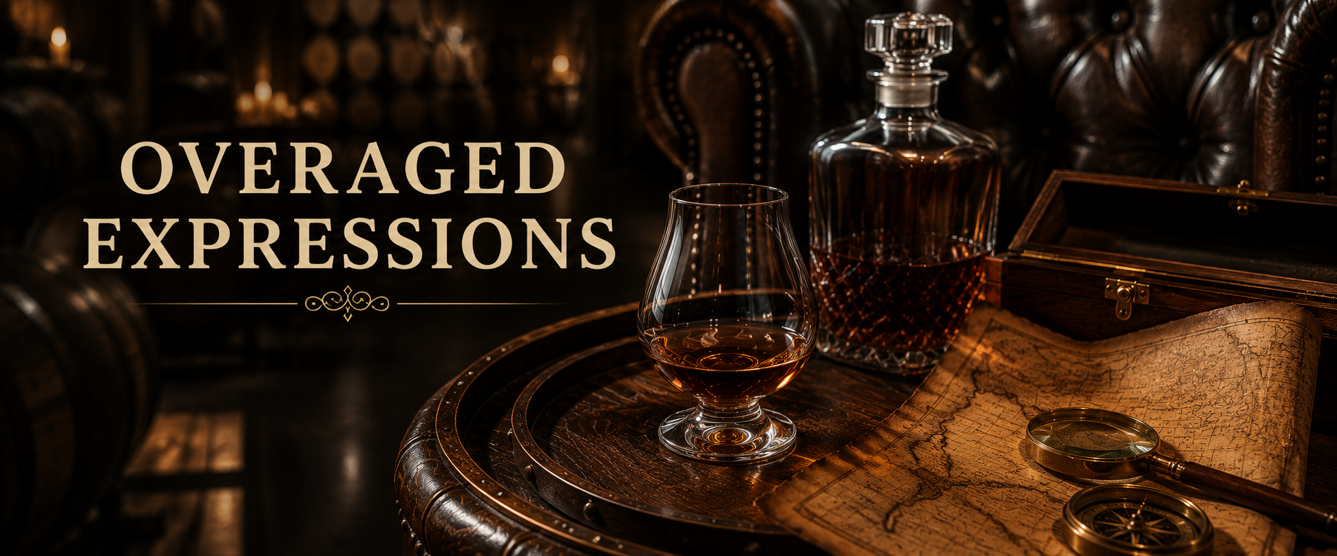 A dark, vintage-style interior with a round wooden table. On the table, there is a glass of whiskey, a decanter of whiskey, and an opened wooden box. An antique map and a compass are also present on the table. The background features leather chairs and shelves with bottles and candles. The overlay text reads "Overaged Expressions."