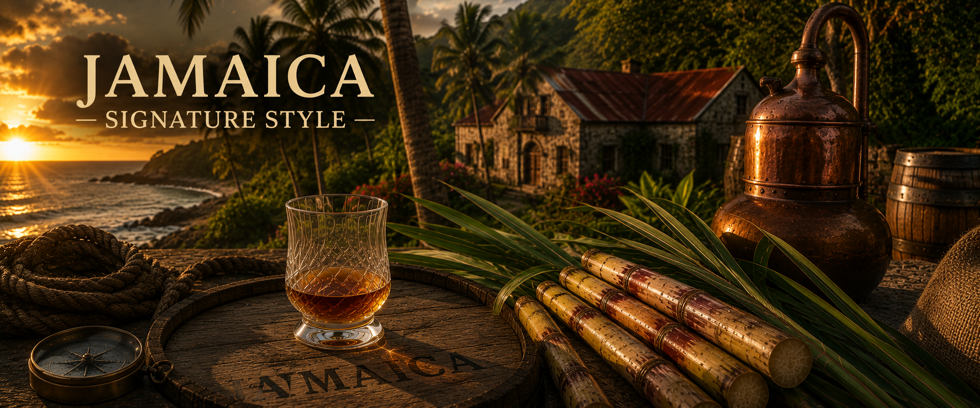 Sunset over a coastal landscape with palm trees, an old stone house, and tropical plants. Foreground shows a tropical drink, bamboo, a compass, and rustic objects, with the text "Jamaica Signature Style."