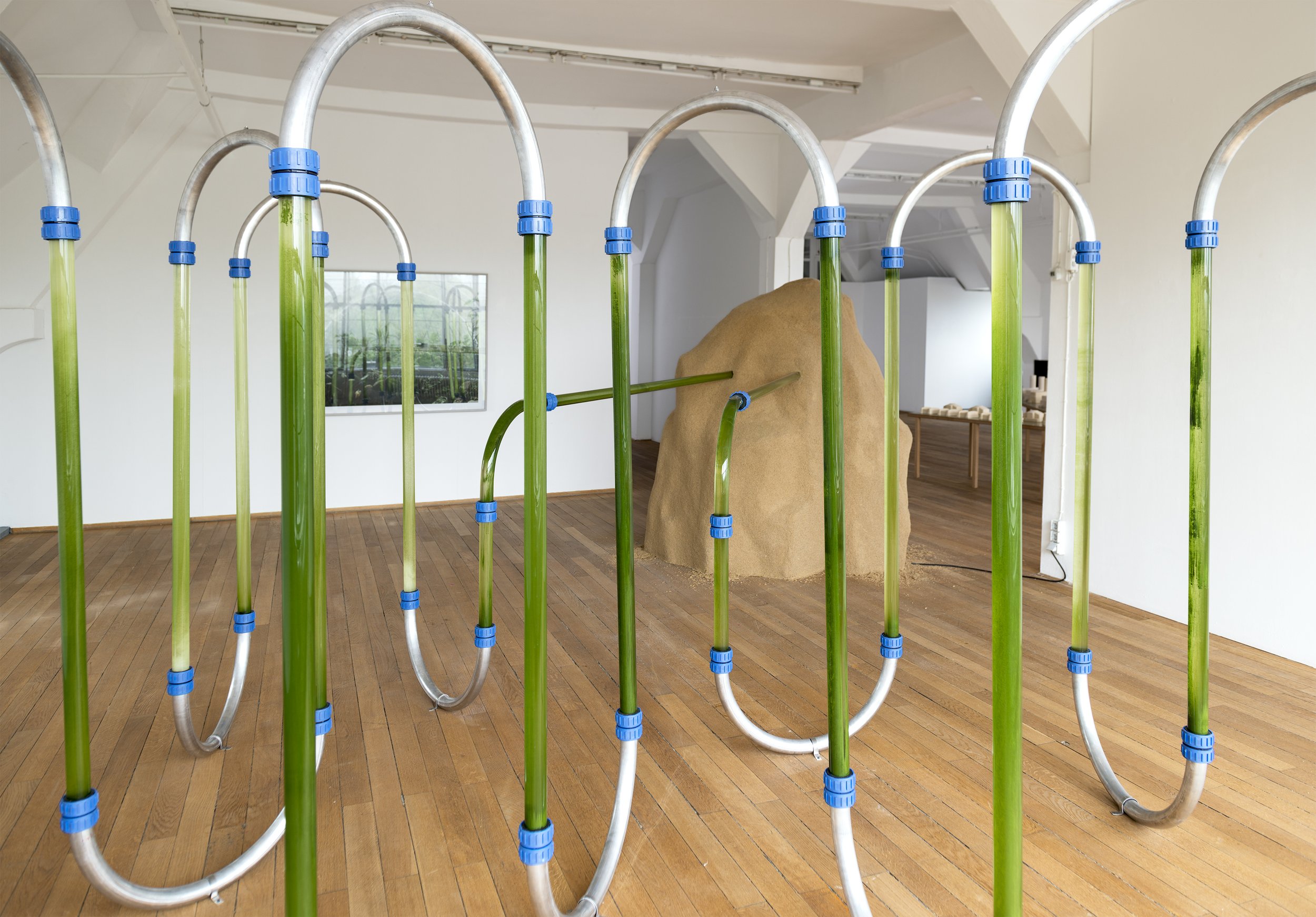 KYBERNETISCHES MODELL ZWEITER ORDNUNG, Sand, Epoxidharz, Glasrohre, Aluminiumrohre, Verbindungsflansche, Pumptechnik, Algen, ca. 4,5 x 7,5 x 2,20 m; Kunstverein Rosenheim, 2017