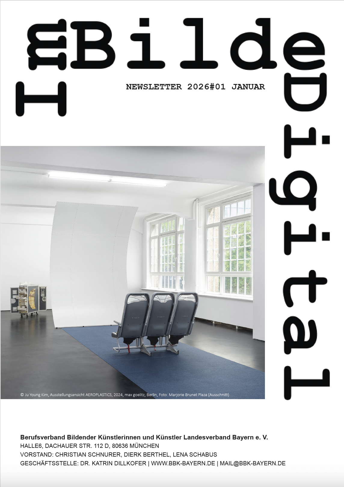 Titel_ImBildeDigital_NEWSLETTER#01 2026_JANUAR mit der Abbildung: © Ju Young Kim, Ausstellungsansicht AEROPLASTICS, 2024, max goelitz, Berlin. Foto: Marjorie Brunet Plaza
