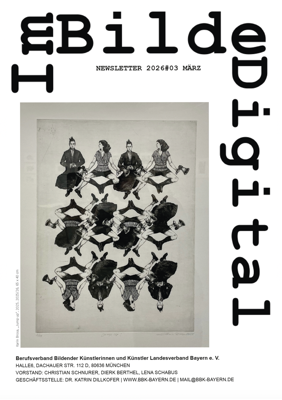 Titel ImBildeDigital 2026#03 März mit der Abbildung: Karin Brosa, „Jump up”, 2025, 2025/26, 65 x 40 cm (Druckgrafik)