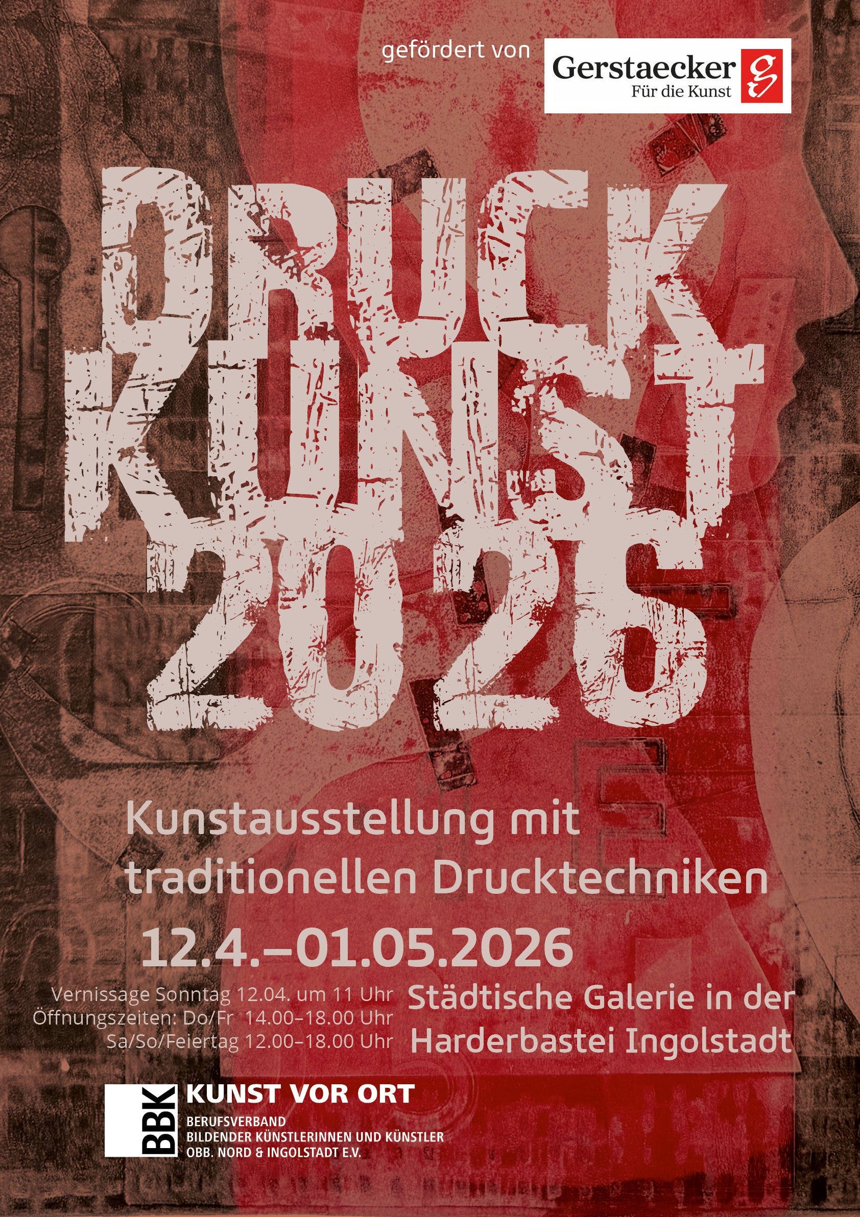 Plakat Druckkunst 2026. Helle Schrift auf rotem Grund. Daten und Logos.