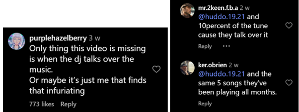3 Instagram comments complaining about DJs talking over music