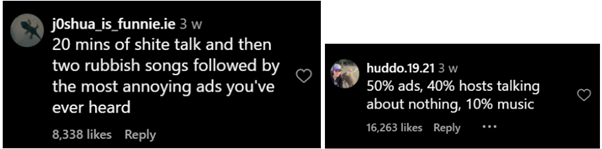 2 instagram comments complaining about annoying ads, and DJs talking taking up more time than music playing.
