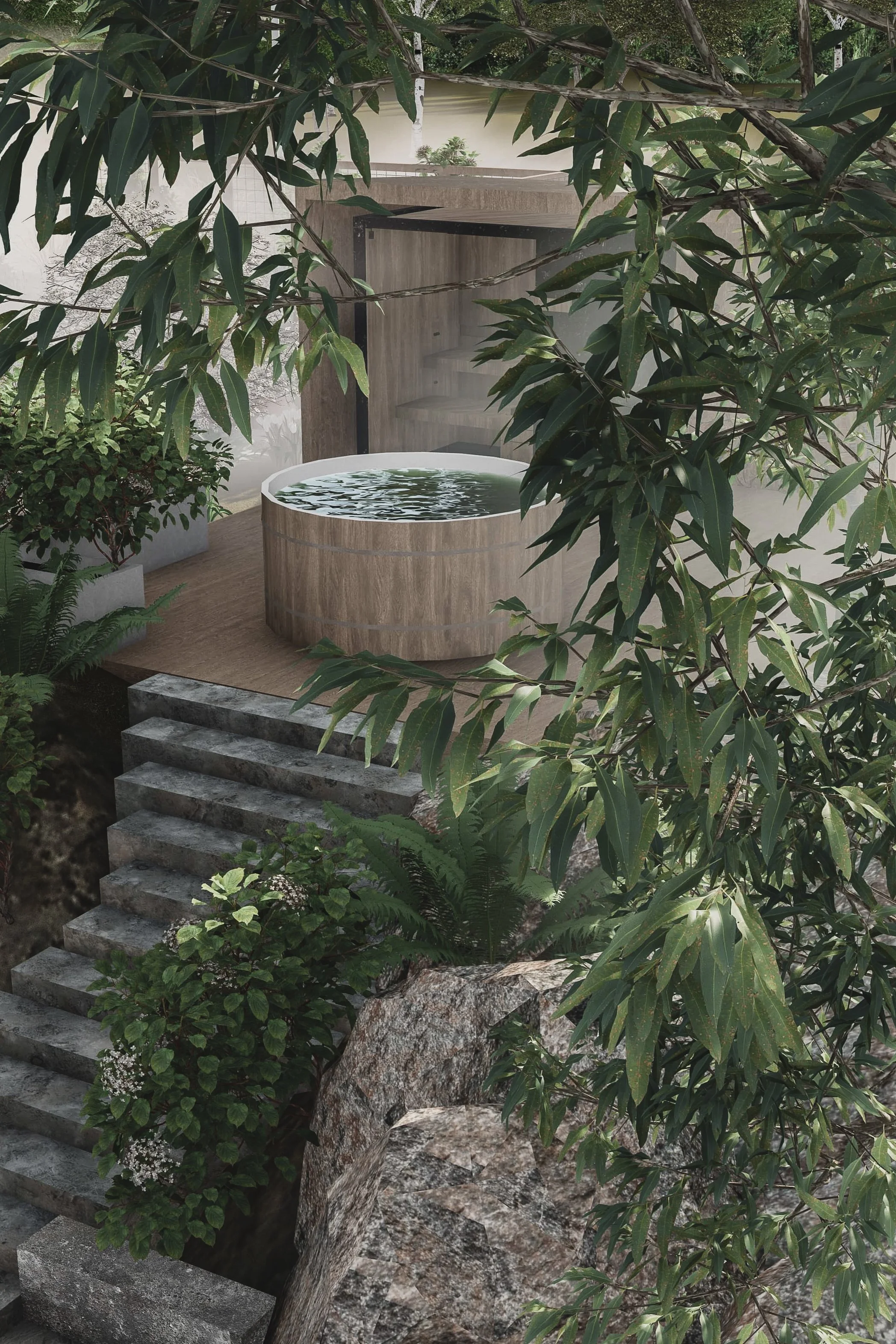 Et trebad med vann plassert på en terrasse med trapper omgitt av grønne planter og store steiner.