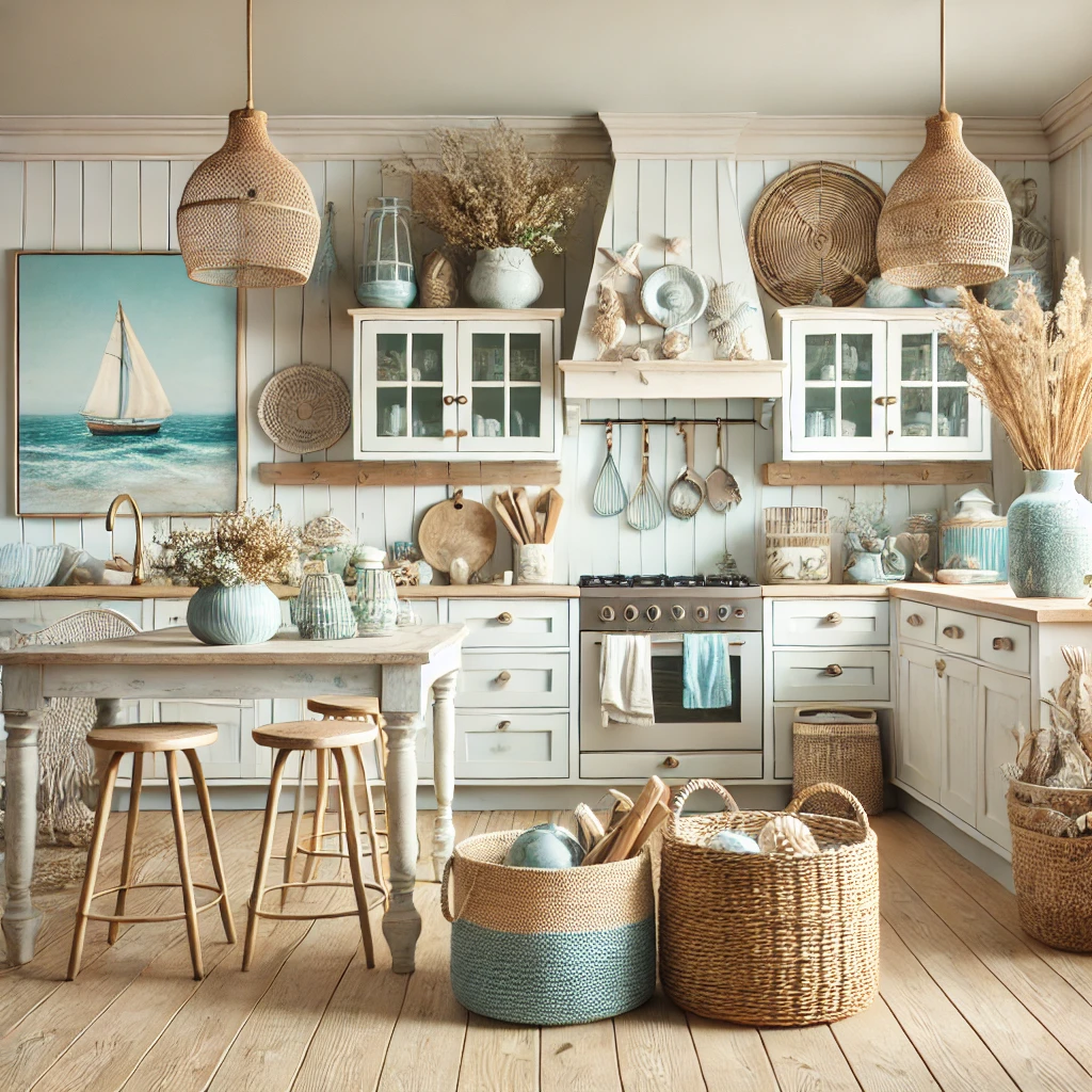 DALL·E 2024-08-25 20.27.17 - A beachy coastal style kitchen design. The image should feature a light and airy kitchen with natural textures like wicker and rattan, a soft blue and.png