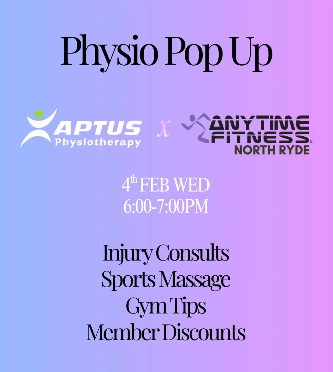 BIG NEWS We&rsquo;re teaming up with Anytime Fitness North Ryde for an exclusive Members Pop-Up Night!

Get complimentary access to 
🔸Injury Consults
🔸Sports Massages 
🔸Injury Prevention Tips

AND exclusive in-clinic deals and discounts on our ver